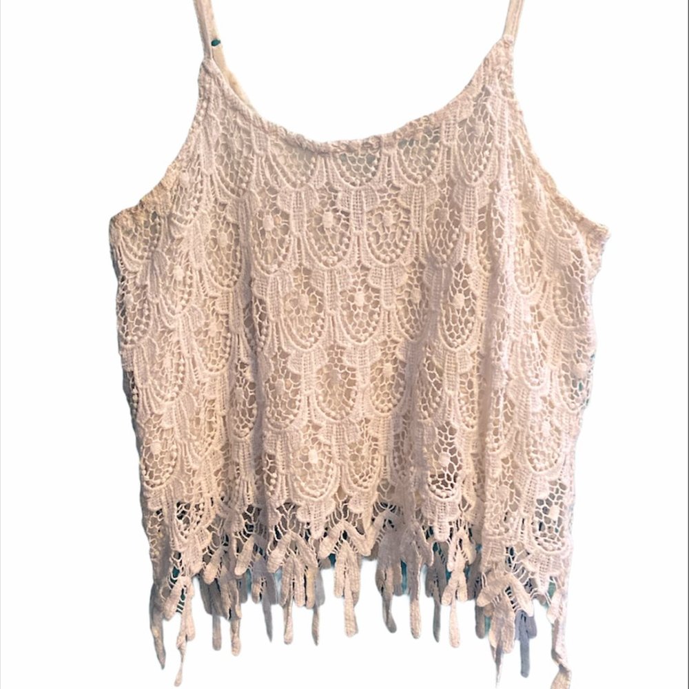 Lace Crochet Fringe Cami Top - Cream